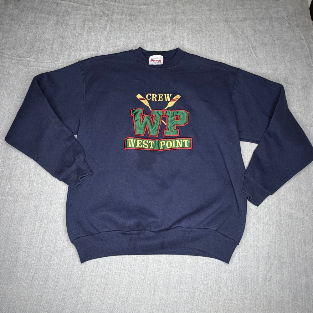 Vintage West Point Crew Sweatshirt Navy Blue Embroidered Sporty Pages USA Made L